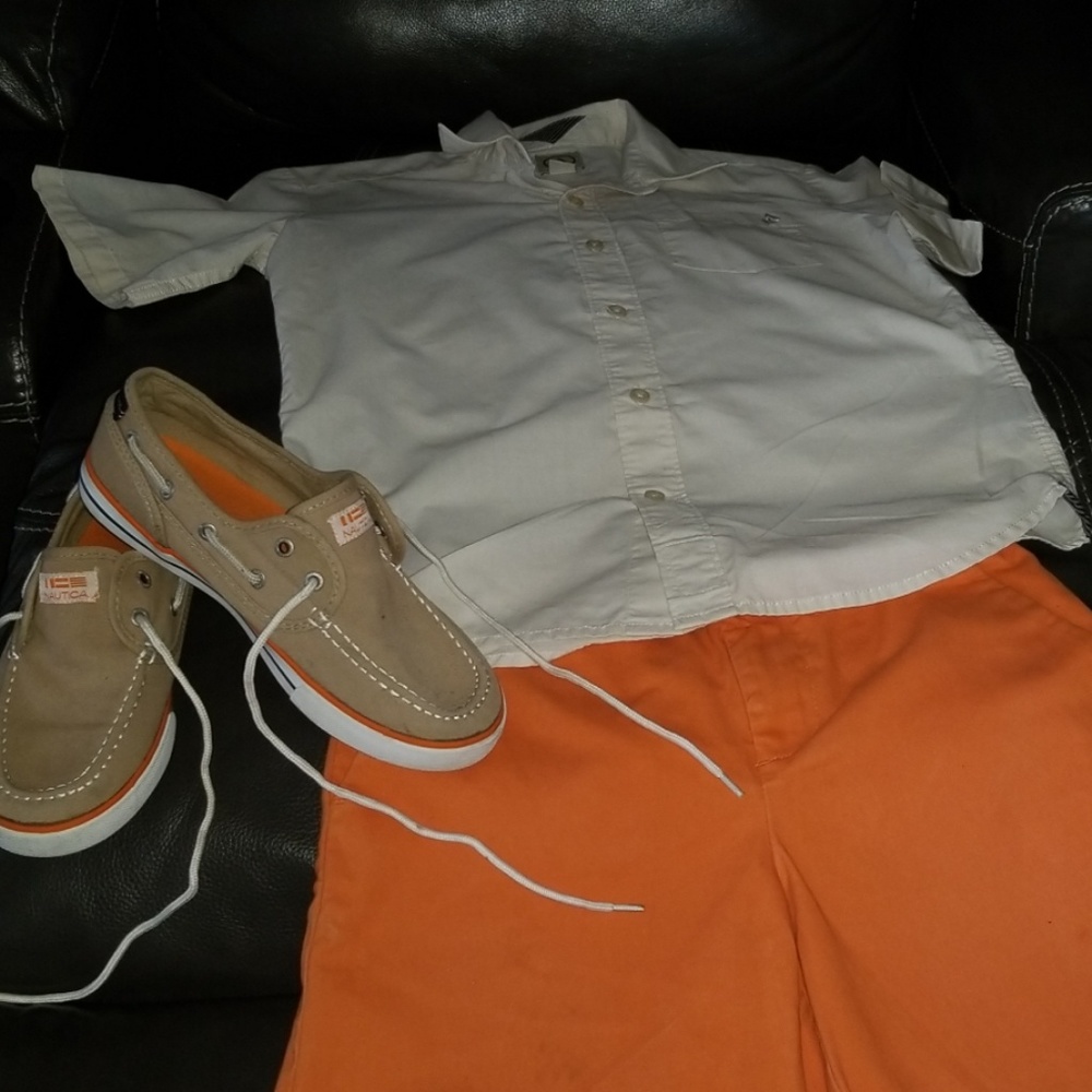 Shorts,Shoes,button down shirt.